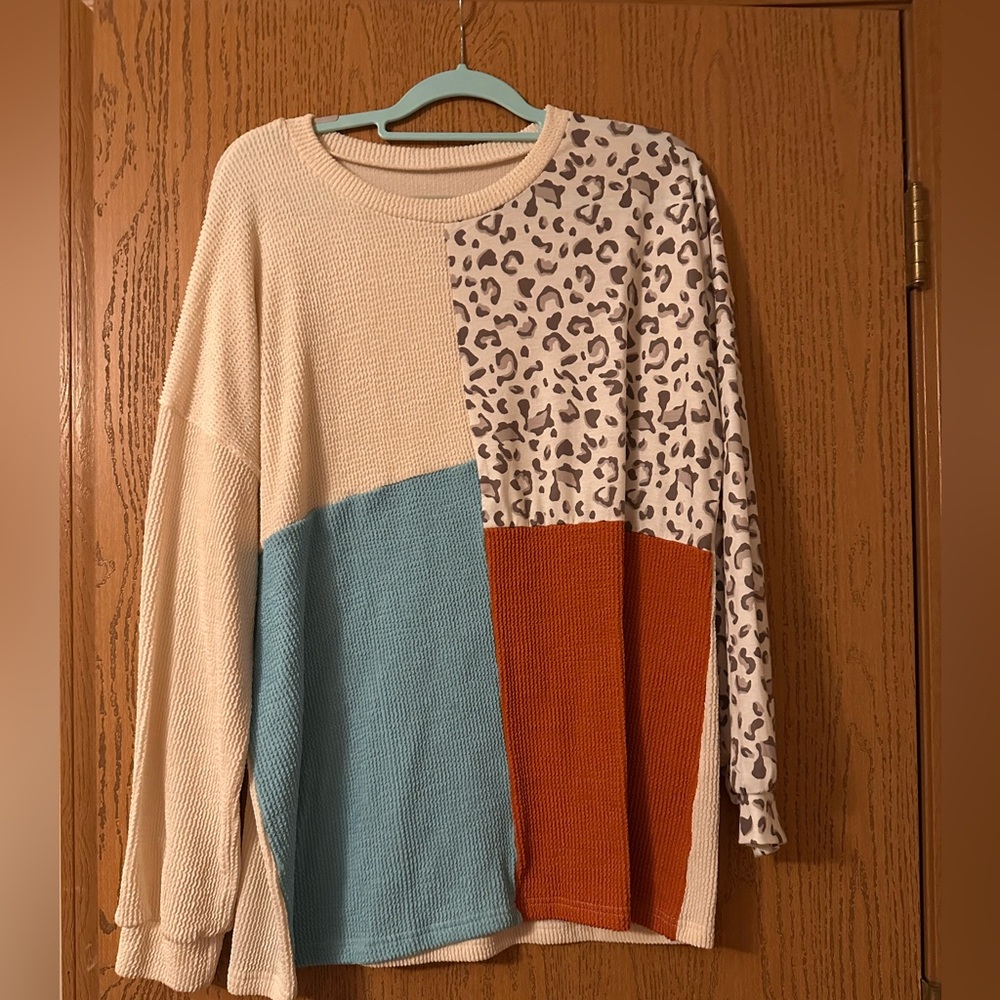 Colorblock Leopard Print Sweater- XL